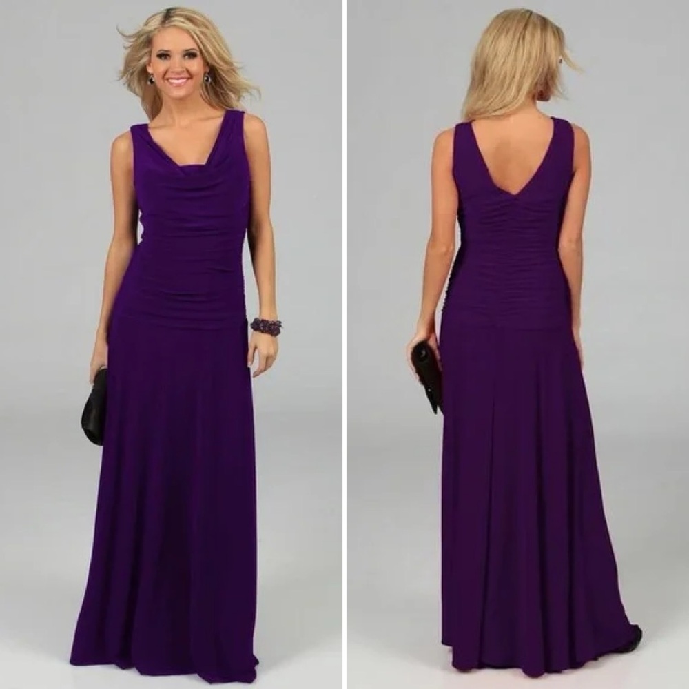 NW Nightway Ruched Formal Maxi Gown Sleeveless Stretch V-neck Purple 10